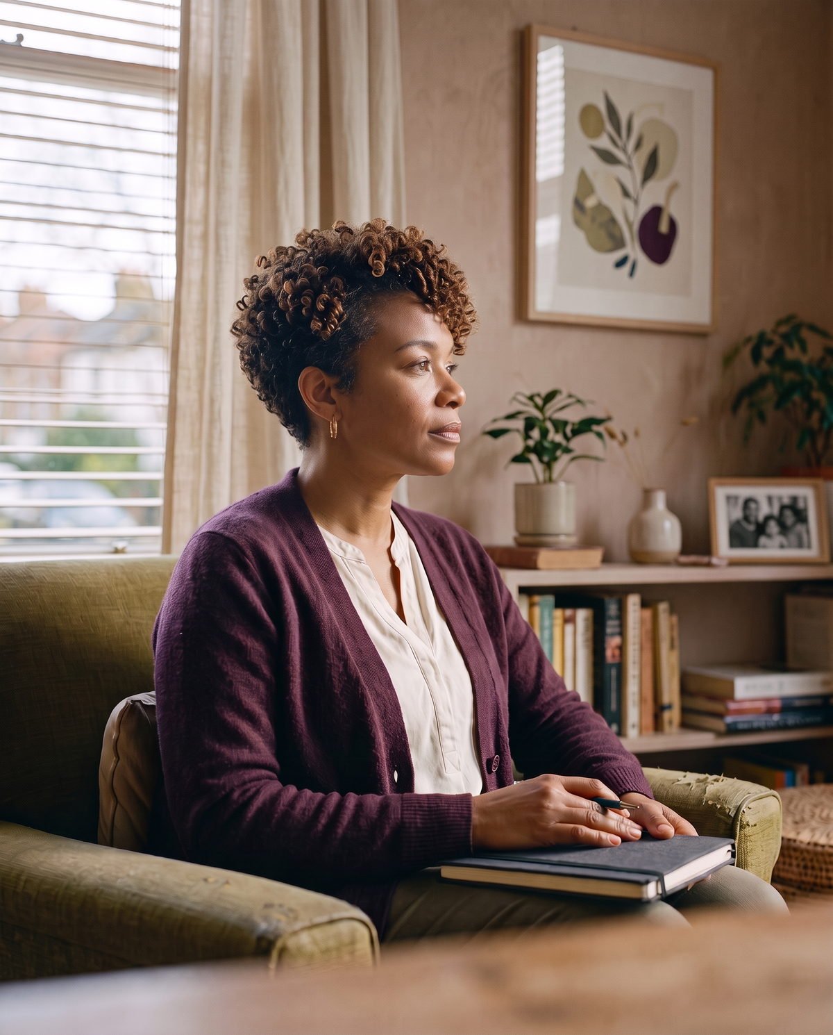 A woman sitting in an armchair by the window, a closed notebook and pen resting on her lap, looking out