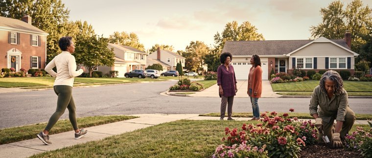 A suburban street at golden hour: one woman jogging, two others talking on the pavement, a fourth kneeling to tend a flower bed