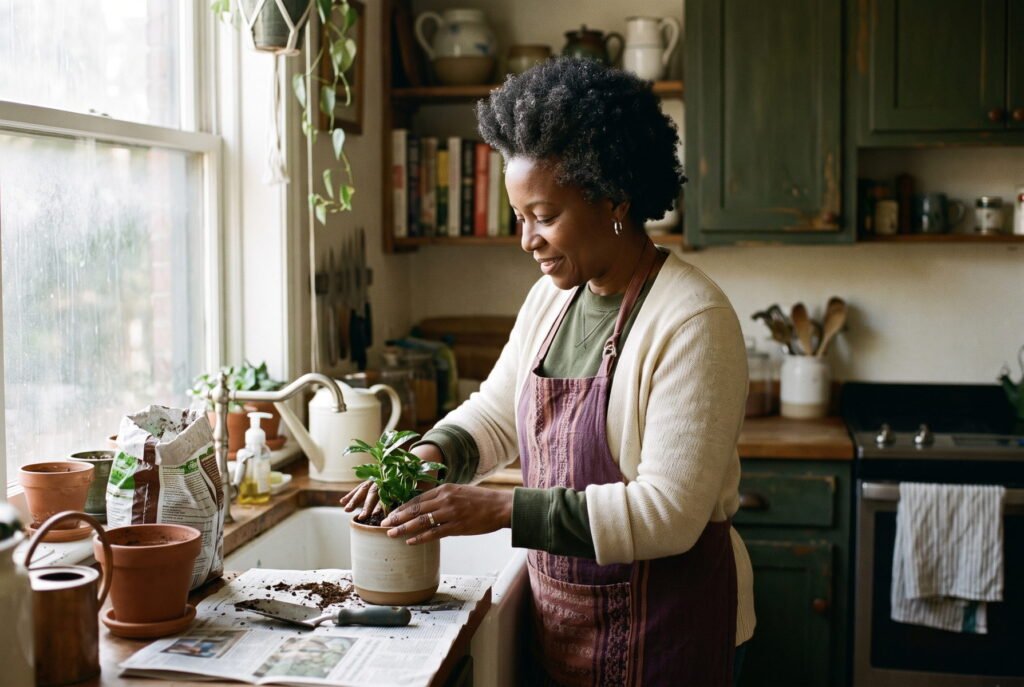 A woman repotting a young plant at her kitchen sink, sleeves pushed up, morning light through the window