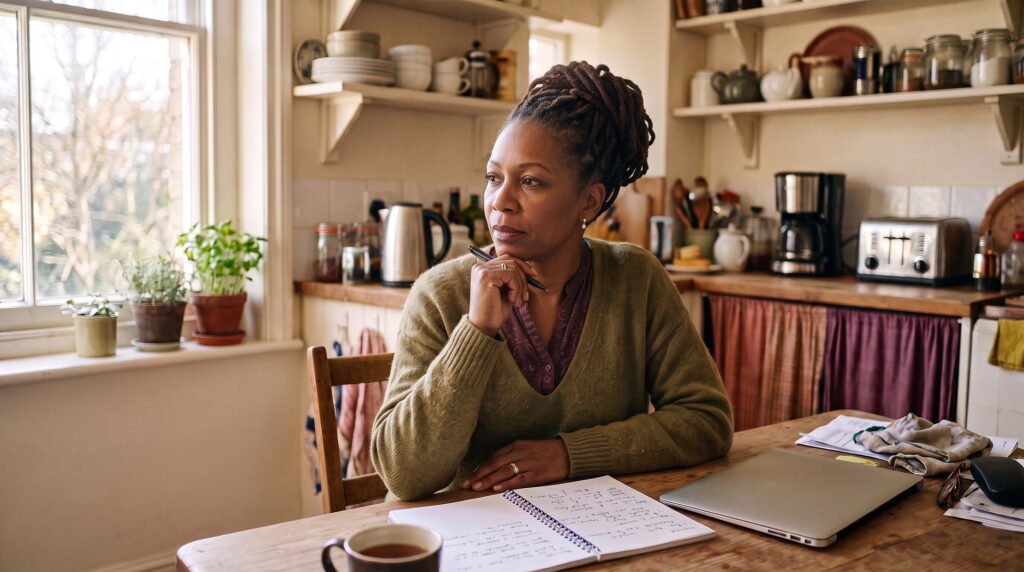 A woman at her kitchen table with an open notebook, pen in hand, pausing to look out of the window