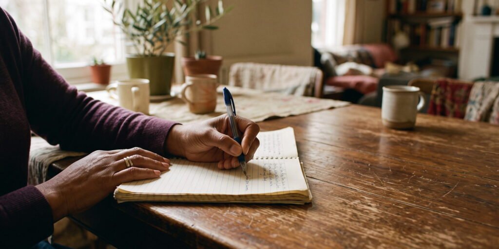 A woman's hands writing in a lined notebook at a wooden table, a mug beside her