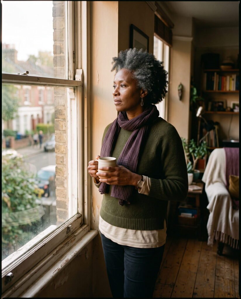 A woman standing at a window with a mug held in both hands, looking out at the street
