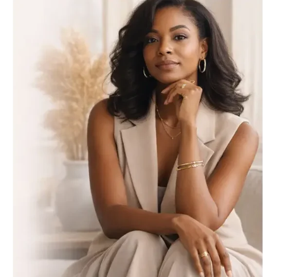 Black woman seated with her right arm in her lap and left hand under her chin as she poses for the camera. Her background is soft cream with a vase behind her.